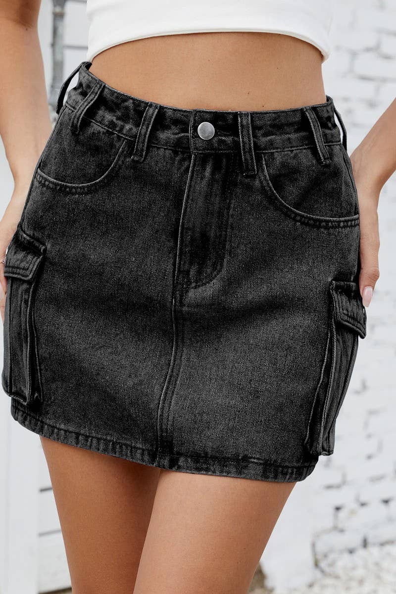 CWJSK00229_WASHED VINTAGE DENIM WORK POCKET SKIRT