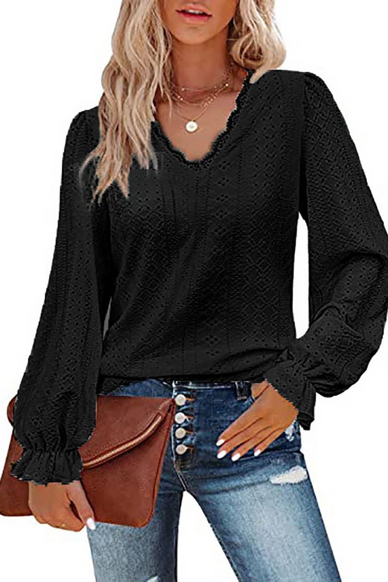 CWTBLL1046_V-NECK SOLID COLOR HOLLOW CASUAL LONG-SLEEVED TOP