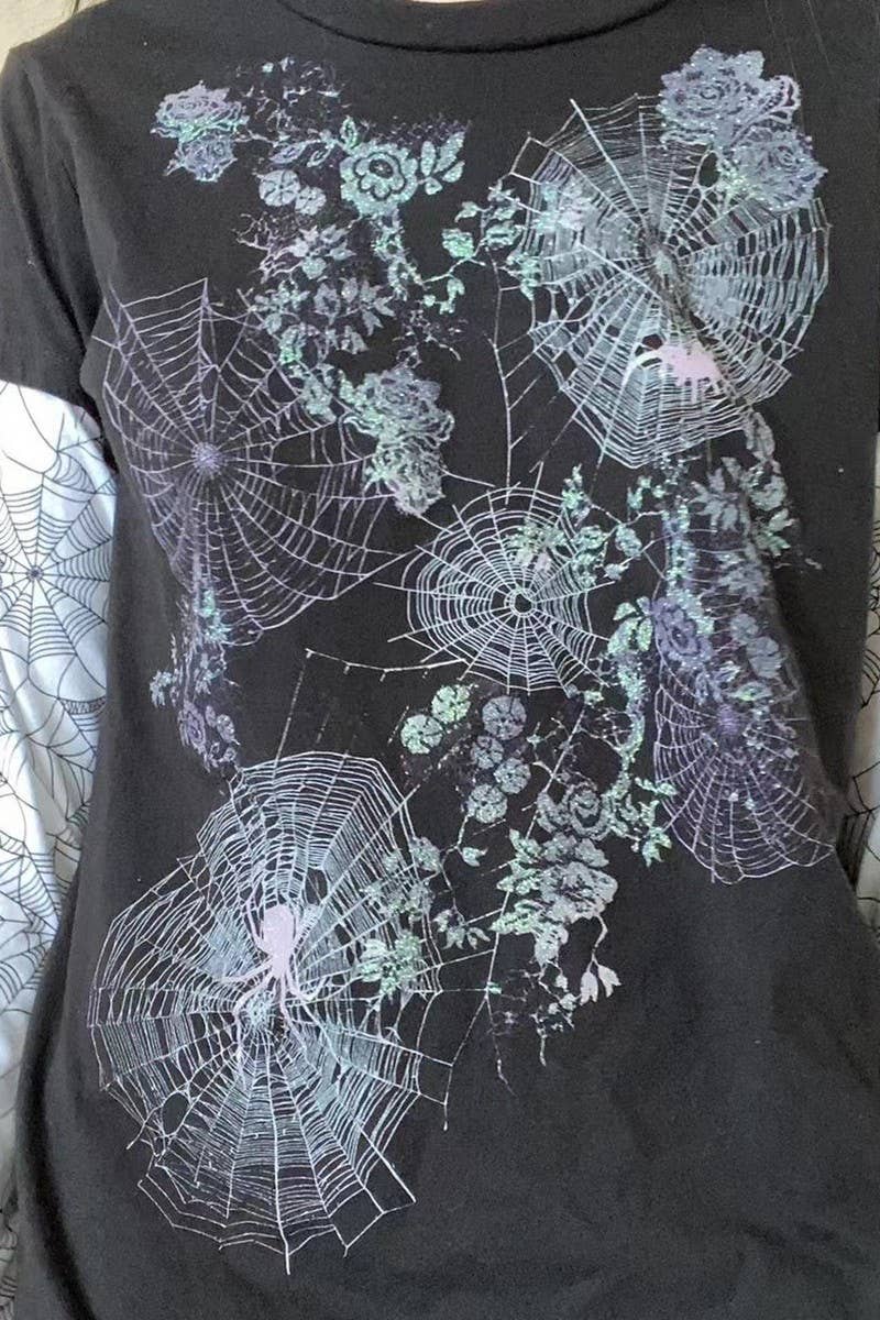 CWTBLL3166_SPIDER WEB PRINT FAKE TWO-PIECE LONG SLEEVE TOP