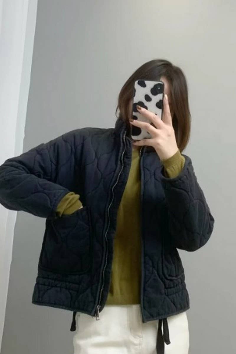 CWOCO1078_STAND COLLAR LARGE POCKET QUILTED COTTON COAT