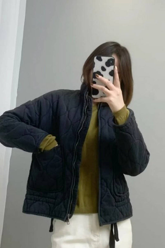 CWOCO1078_STAND COLLAR LARGE POCKET QUILTED COTTON COAT