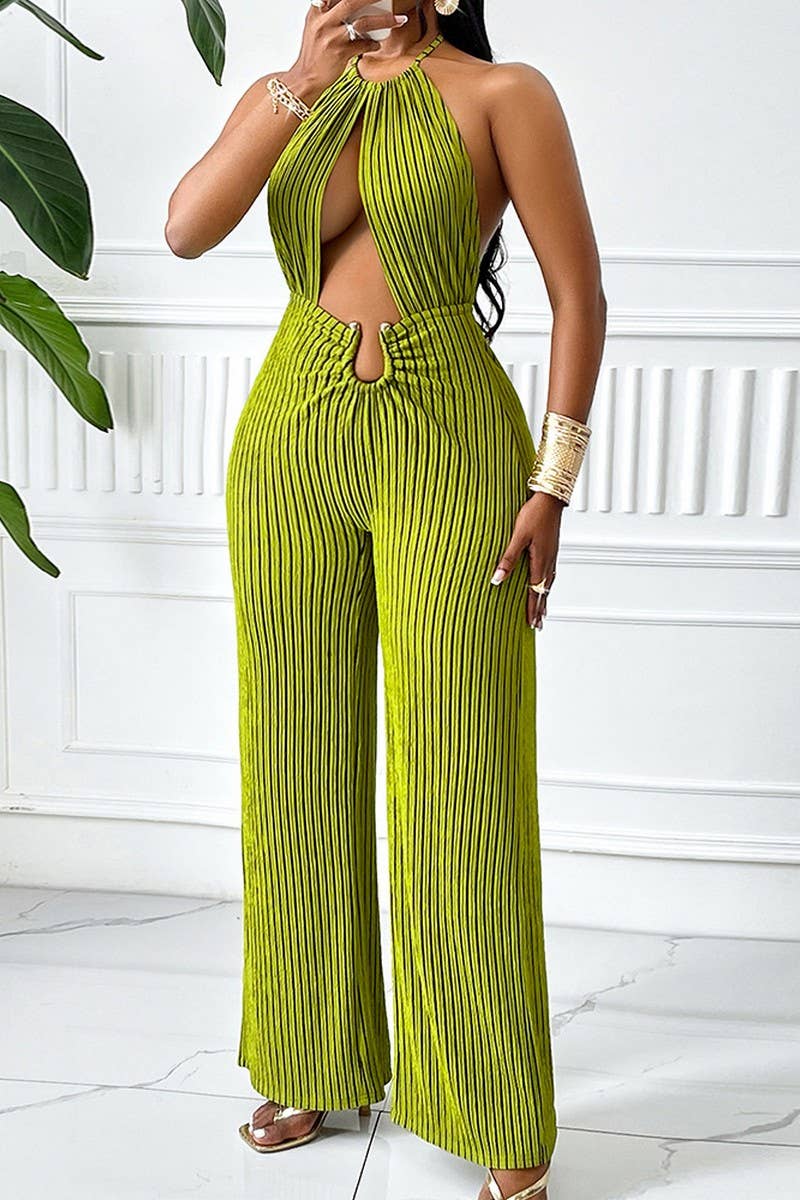 CWSJS1341_SEXY STRIPED HALTERNECK HOLLOW WAIST JUMPSUIT