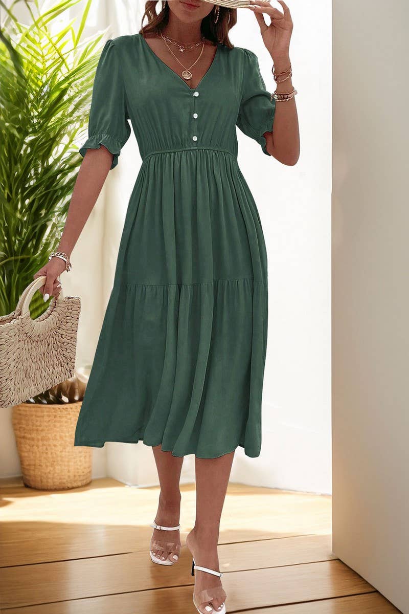 CWDMD5783_CASUAL RUCHED PUFF SLEEVE V-NECK SOLID DRESS