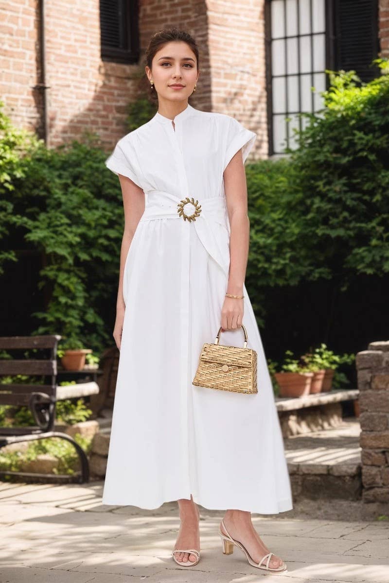 CWDMD6357_STAND COLLAR METALLIC BELTED WAIST TIE MAXI DRESS