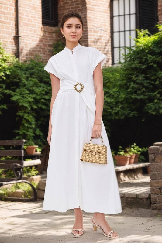 CWDMD6357_STAND COLLAR METALLIC BELTED WAIST TIE MAXI DRESS