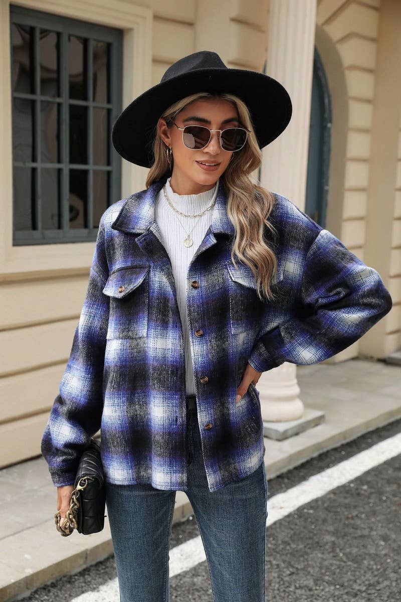 CWOCO0874_LONG SLEEVE LOOSE STRIPED PLAID CARDIGAN COAT