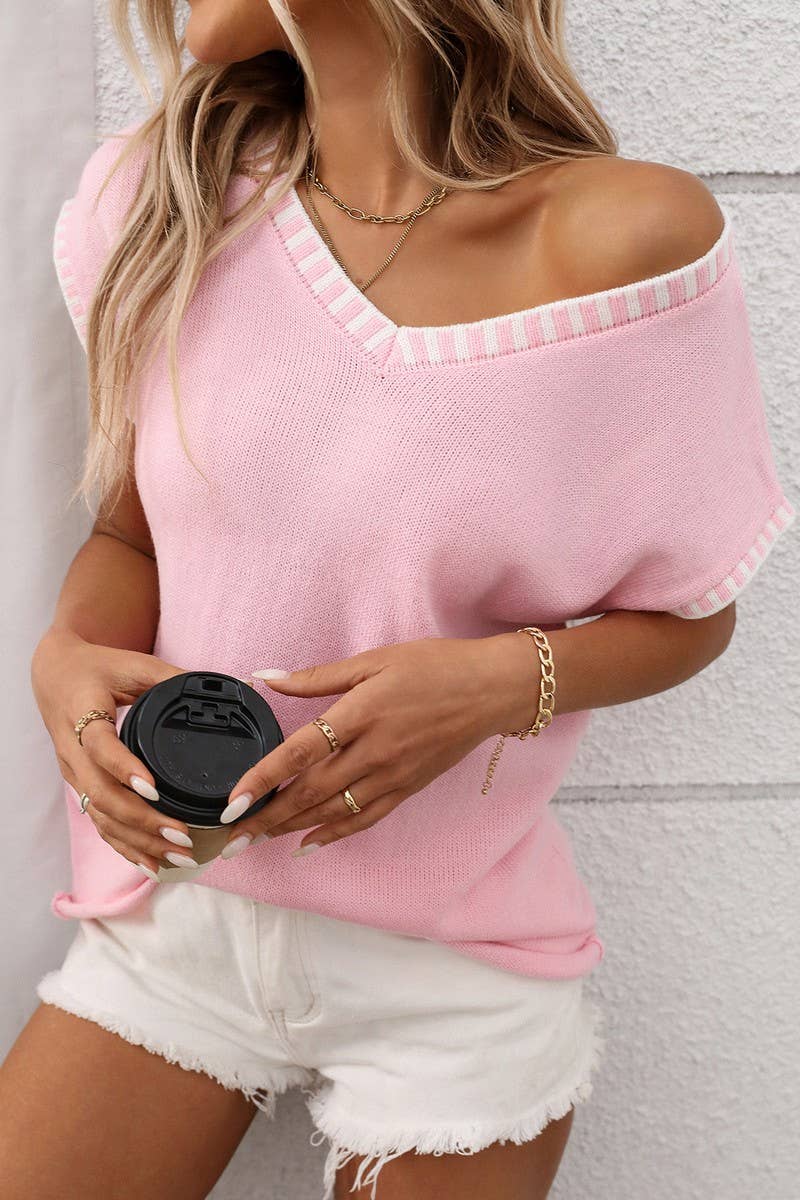 CWOSWSL0155_V-NECK CAP SLEEVE KNIT PULLOVER SWEATER VEST