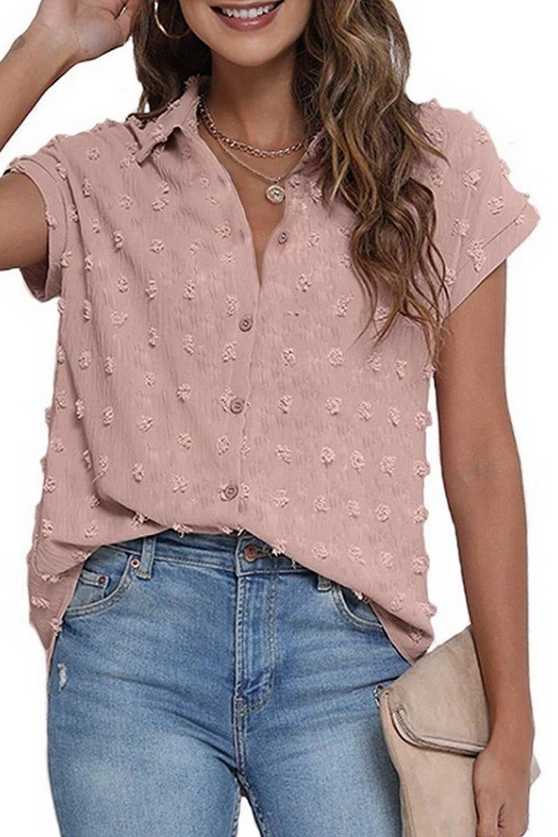 CWTBLS0614_ BUTTON SHORT SLEEVE SHIRT BLOUSE TOP