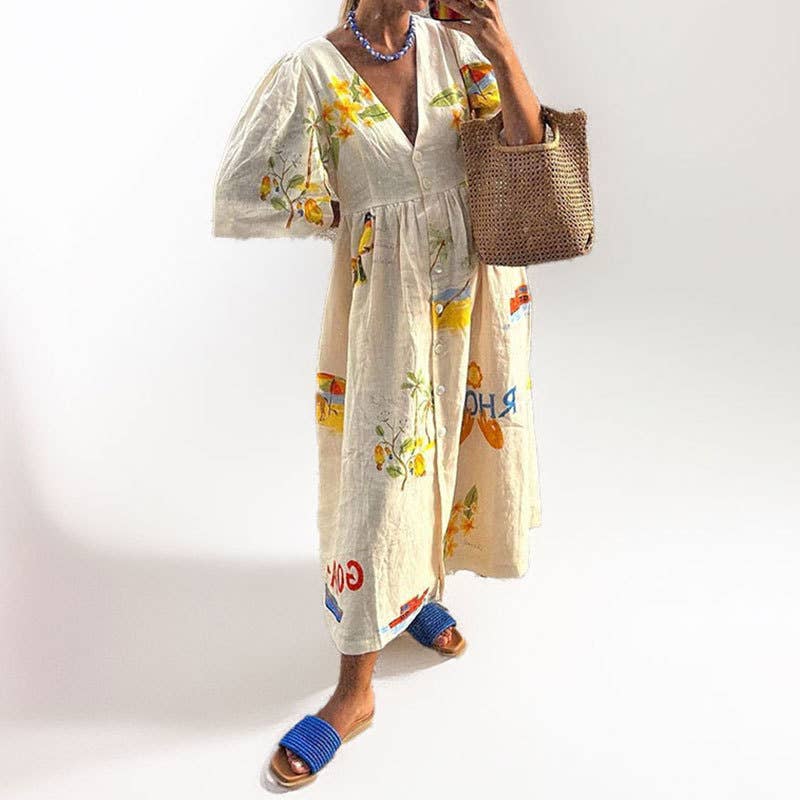 Casual elegant floral short sleeve A-line dress