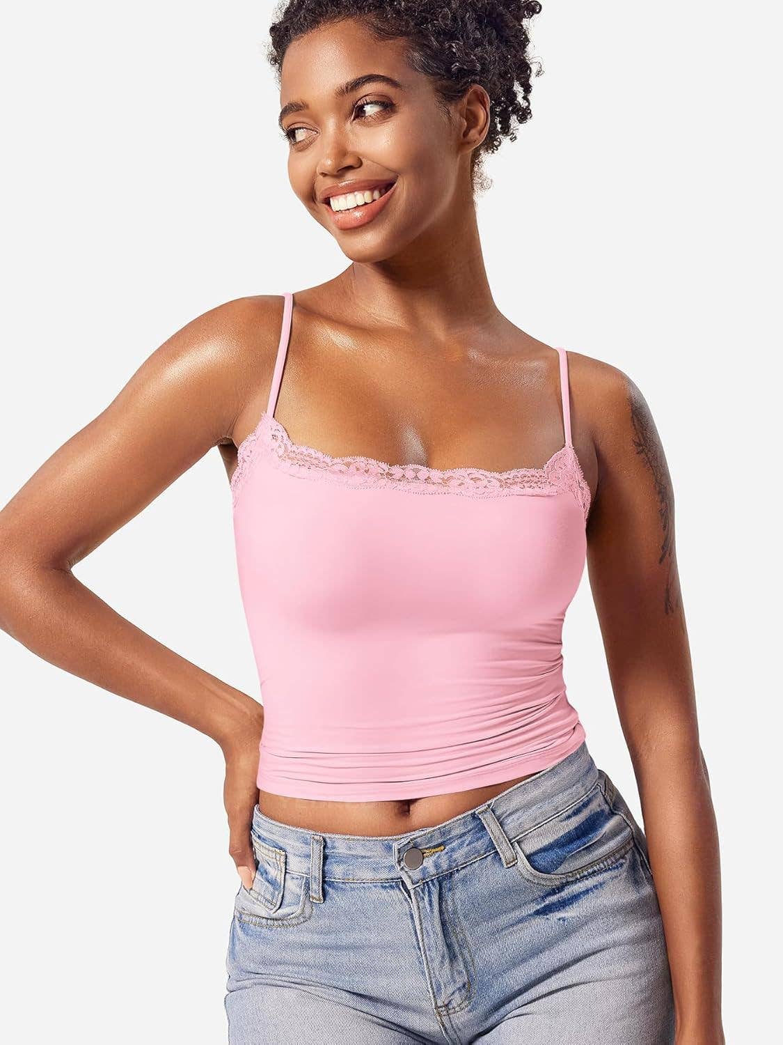 Basic solid color lace-trimmed strappy vest