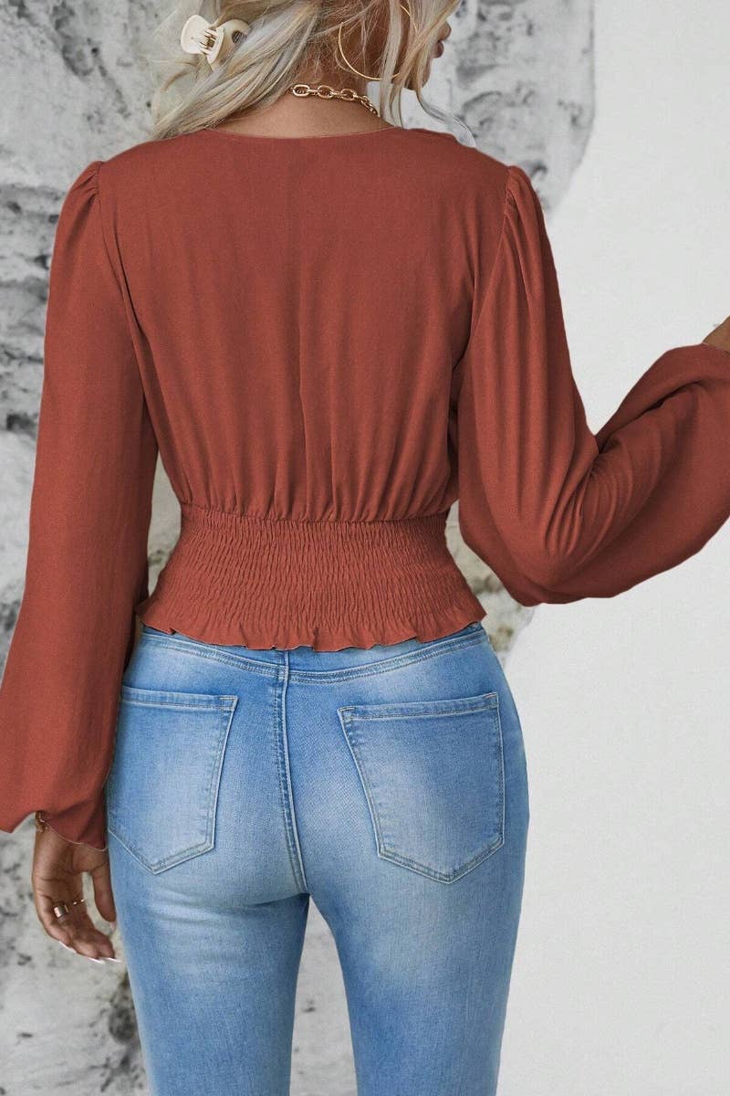 CWTBLL2548_AUTUMN V-NECK WAIST LONG SLEEVE WAIST TOP