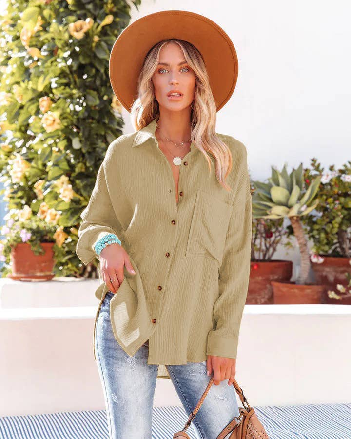 BAT-SLEEVED CASUAL SOLID COLOR LONG-SLEEVED SHIRT