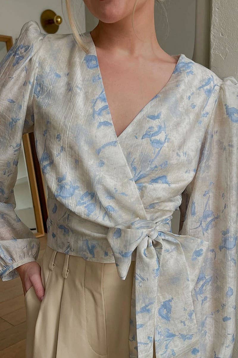 CWTBLL00598_PRINTED V-NECK TIE LONG-SLEEVED SHIRT