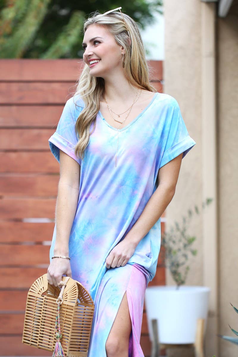 CWDMD141-P_SHORT SLEEVE V-NECK MAXI DRESS WITH SIDE SLIT