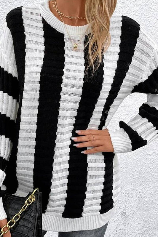 CWOSWL6280_STRIPED HOLLOW LONG-SLEEVED SWEATER TOP