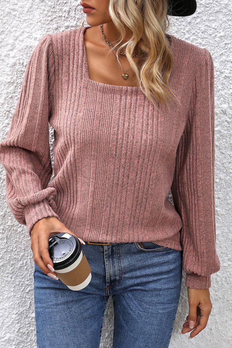 CWTBLL3198_SQUARE NECK BRUSHED LANTERN SLEEVE TOP