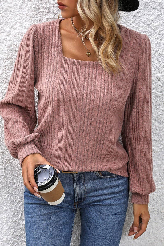 CWTBLL3198_SQUARE NECK BRUSHED LANTERN SLEEVE TOP