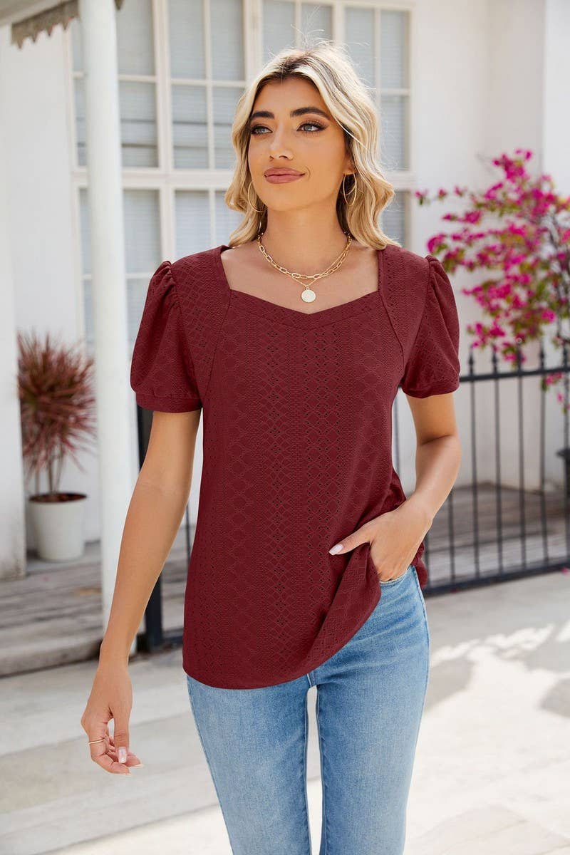 CWTTS0826_Sweetheart Neck Short Sleeve Knit Top