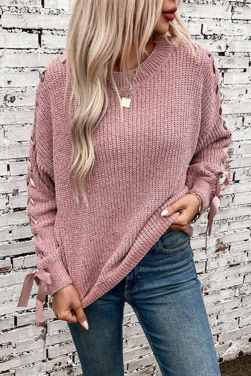 CWOSWL2908_SOLID COLOR BOW PULLOVER KNITTED SWEATER