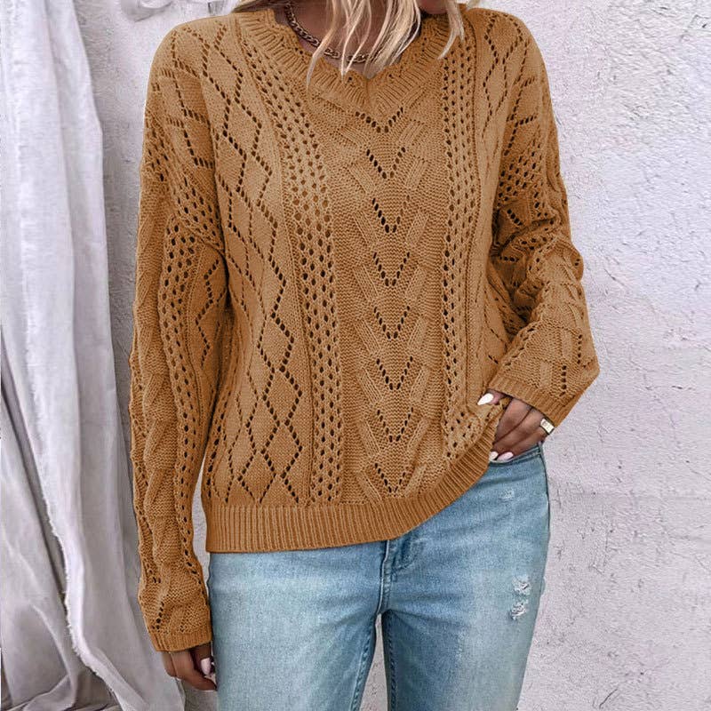 DESIGN HOLLOW-OUT V-NECK ALL-MATCH SWEATER