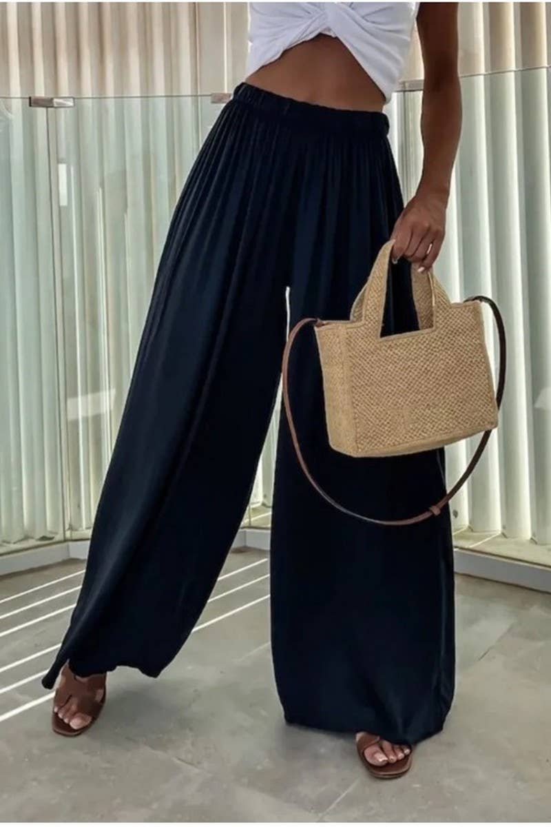 CWBLP1860_SOLID COLOR LOOSE POCKET CASUAL WIDE-LEG PANTS