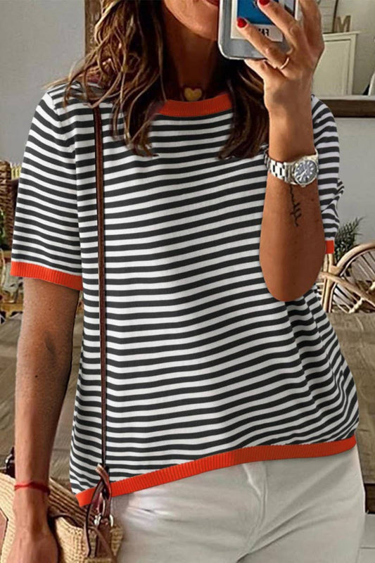 CWTTS1363_SUMMER STRIPED SHORT-SLEEVED CASUAL SWEATER