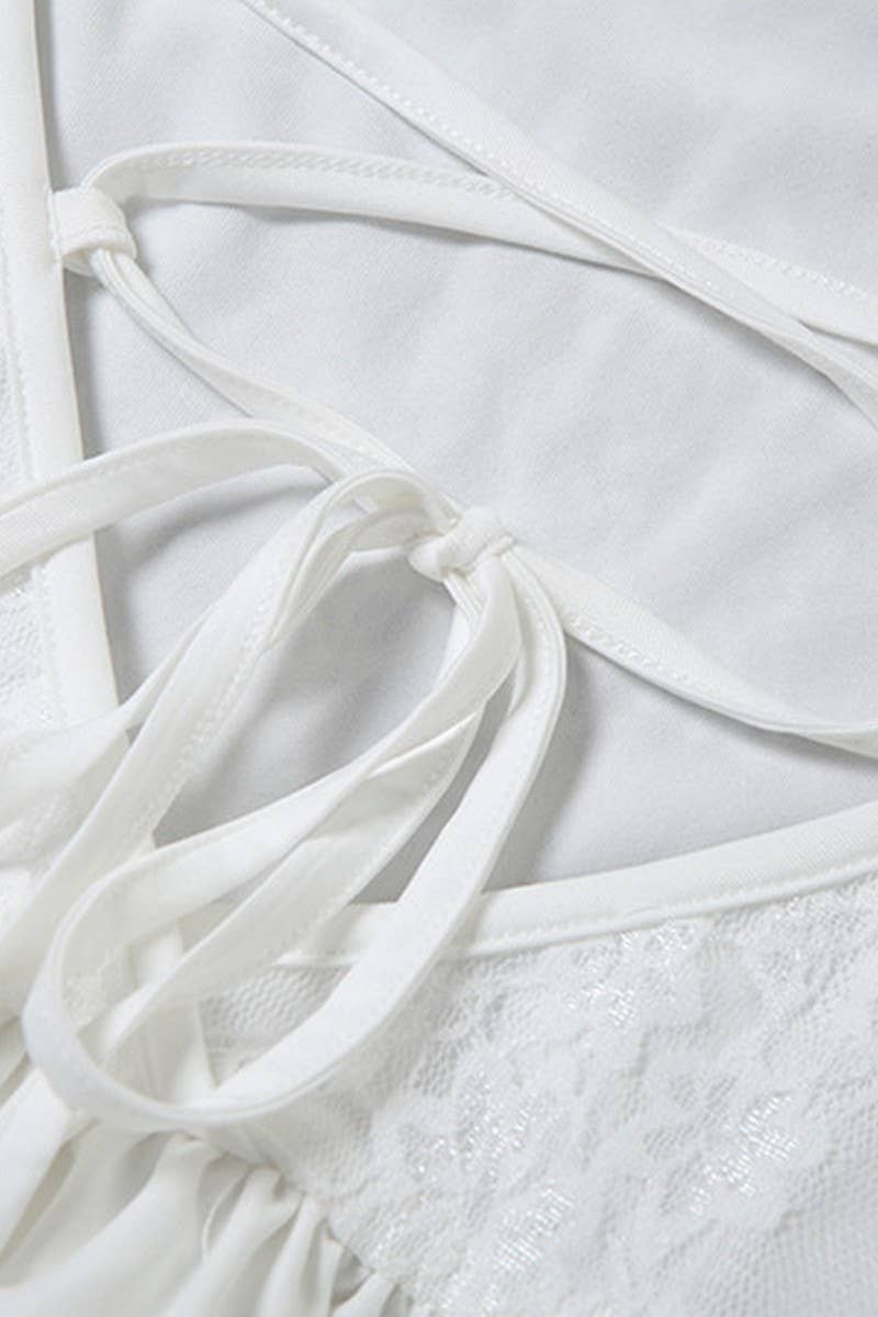 CWDHL0639_SOLID COLOR HALTERNECK TIE BUBBLE SHORT DRESS