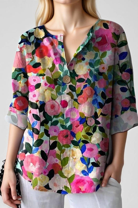 CWTBLL00715_BUTTONED V-NECK PRINTED CASUAL TOP T-SHIRT