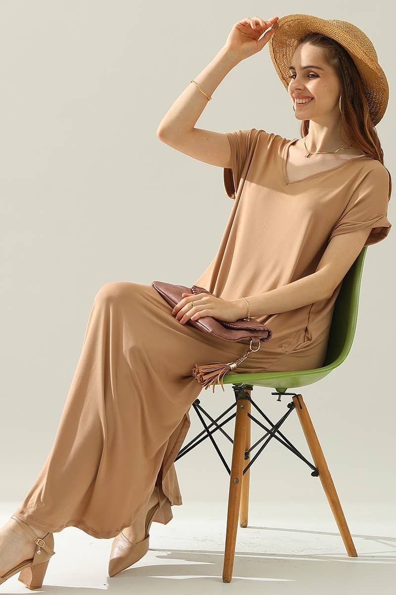 CWDMD820_SHORT SLEEVE V-NECK MAXI DRESS WITH SIDE SLIT