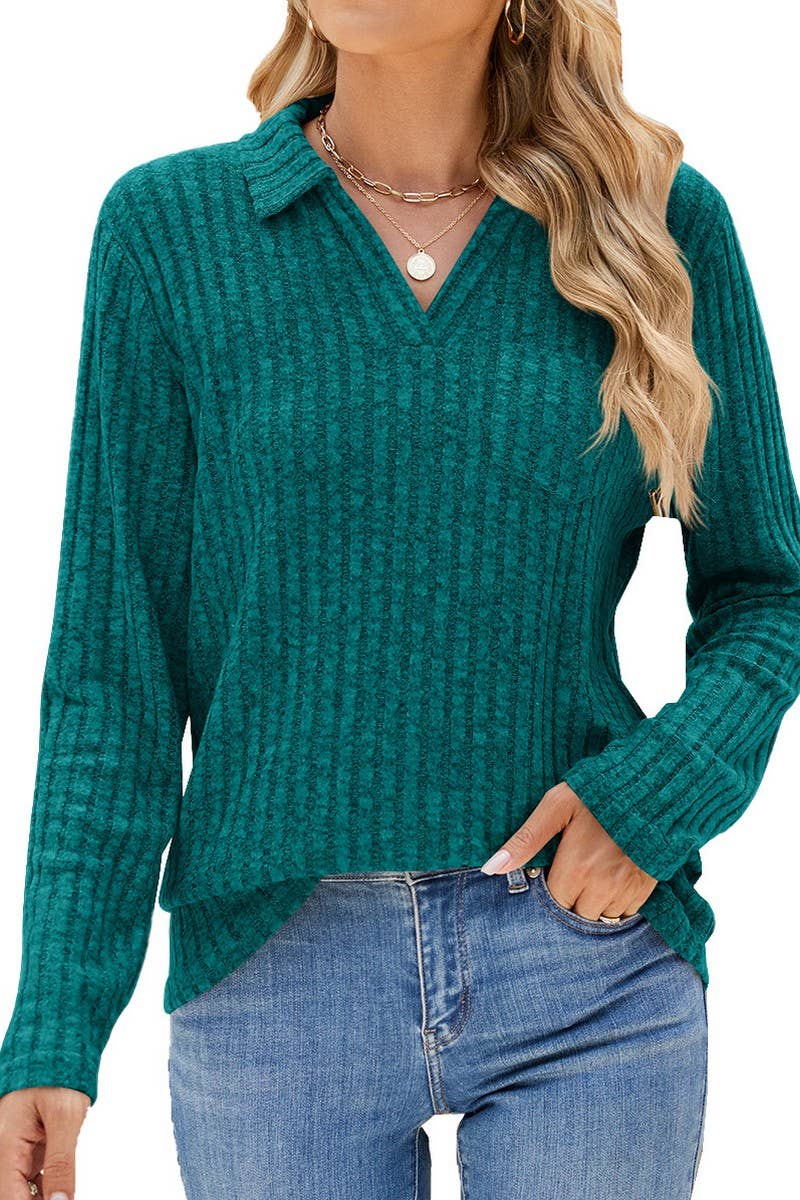 CWTBLL01314_RIBBED KNIT POLO LONG SLEEVE LOOSE TEE