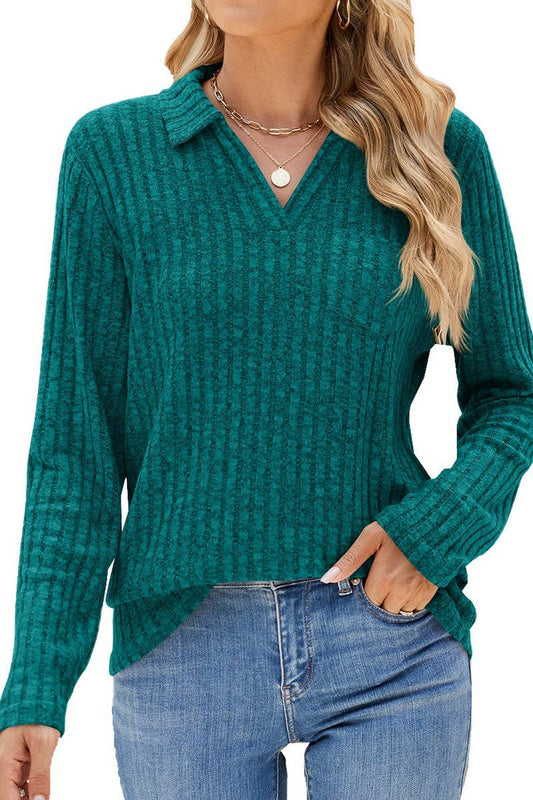 CWTBLL01314_RIBBED KNIT POLO LONG SLEEVE LOOSE TEE