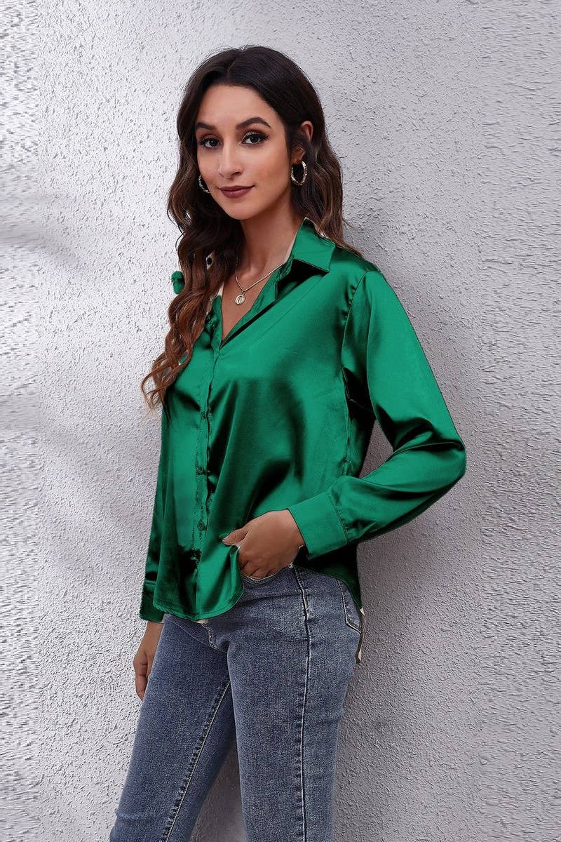 CWTBLL0691_Button Down Silky Satin Long Sleeve Top