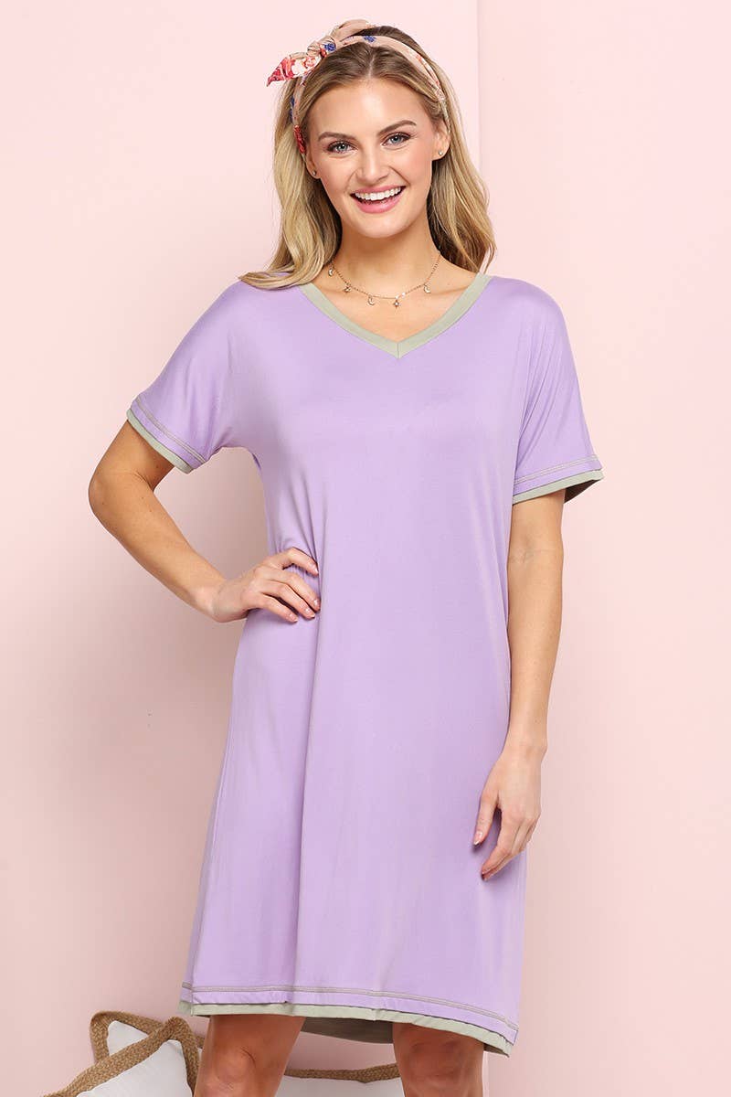 CWDSD10385_V-NECK SHORT SLEEVE SLEEPWEAR DRESS