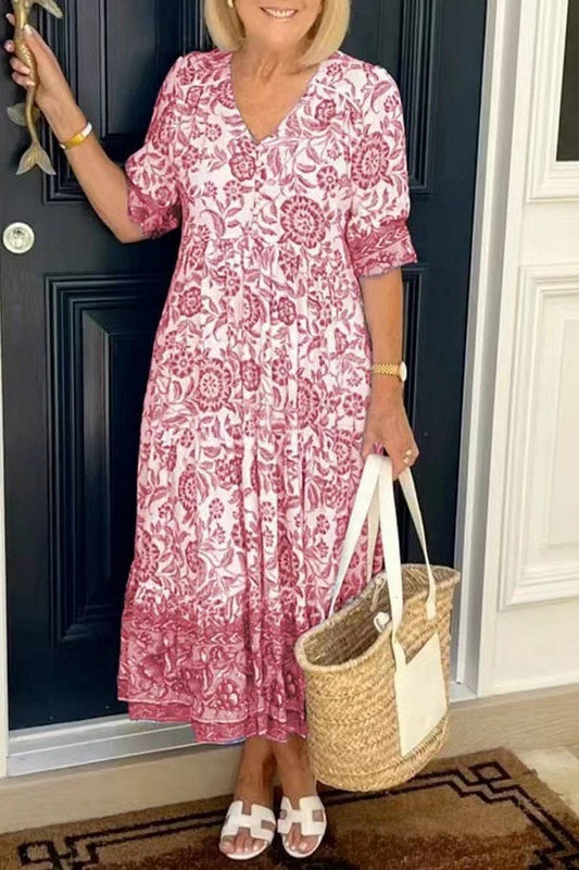 CWDSD10560_ELEGANT LONG FLORAL TIE-DYE PRINT DRESS