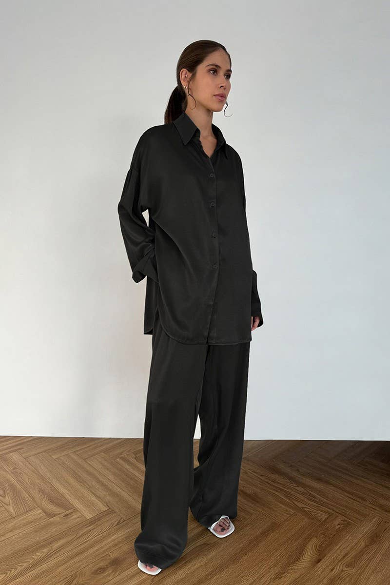 CWSPJ0242_SATIN LONG-SLEEVED TROUSERS PAJAMAS HOME CLOTHES