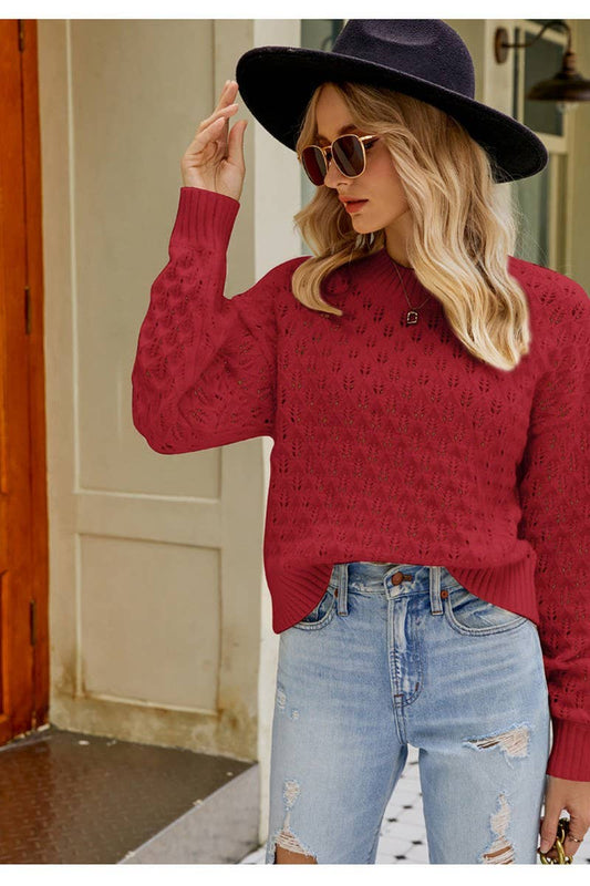 CWOSWL2678_LOOSE CREW NECK PULLOVER HOLLOW KNIT TOP