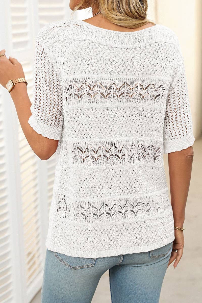 CWOSWS0128_CREW NECK HOLLOW KNIT CROCHET SHORT SLEEVE TOP
