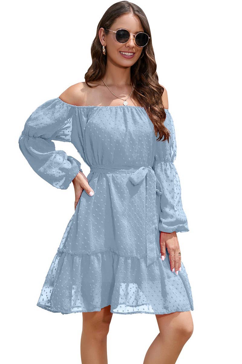 CWDSD8400_OFF SHOULDER POM POM CHIFFON BELTED DRESS