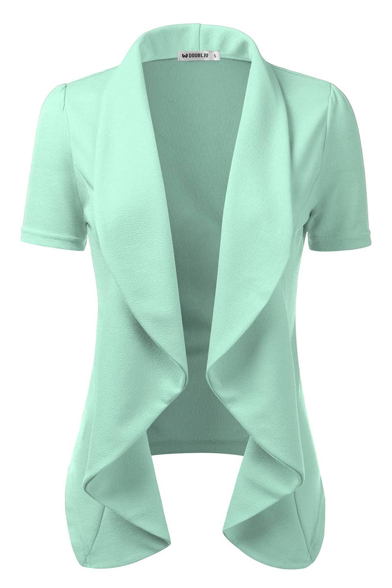 CWOBL095-P_Short Sleeve Open Front Draped Ruffles Blouses
