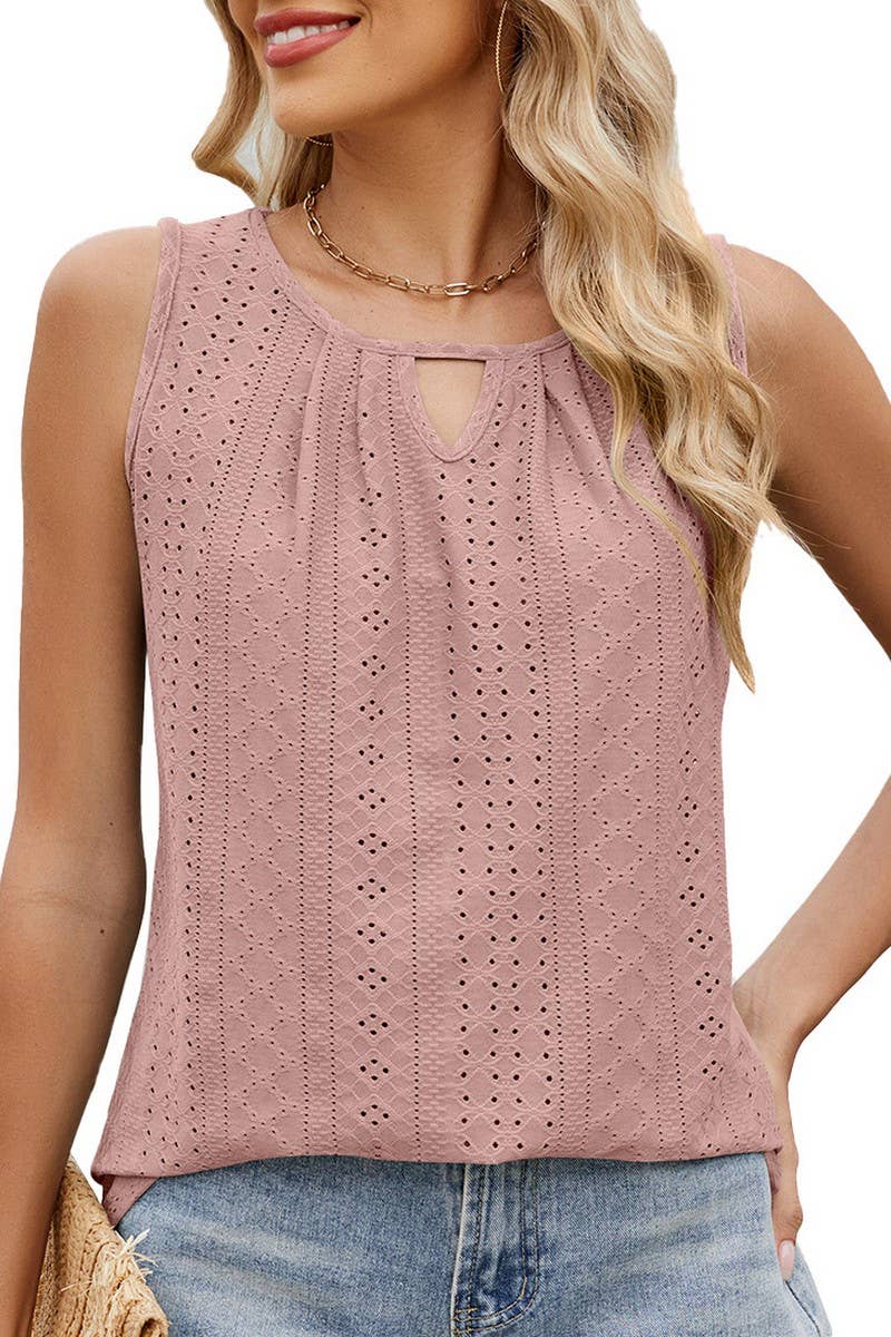 CWTBLSL0679_ROUND NECK CUTOUT PLEATED SLEEVELESS T-SHIRT TOP