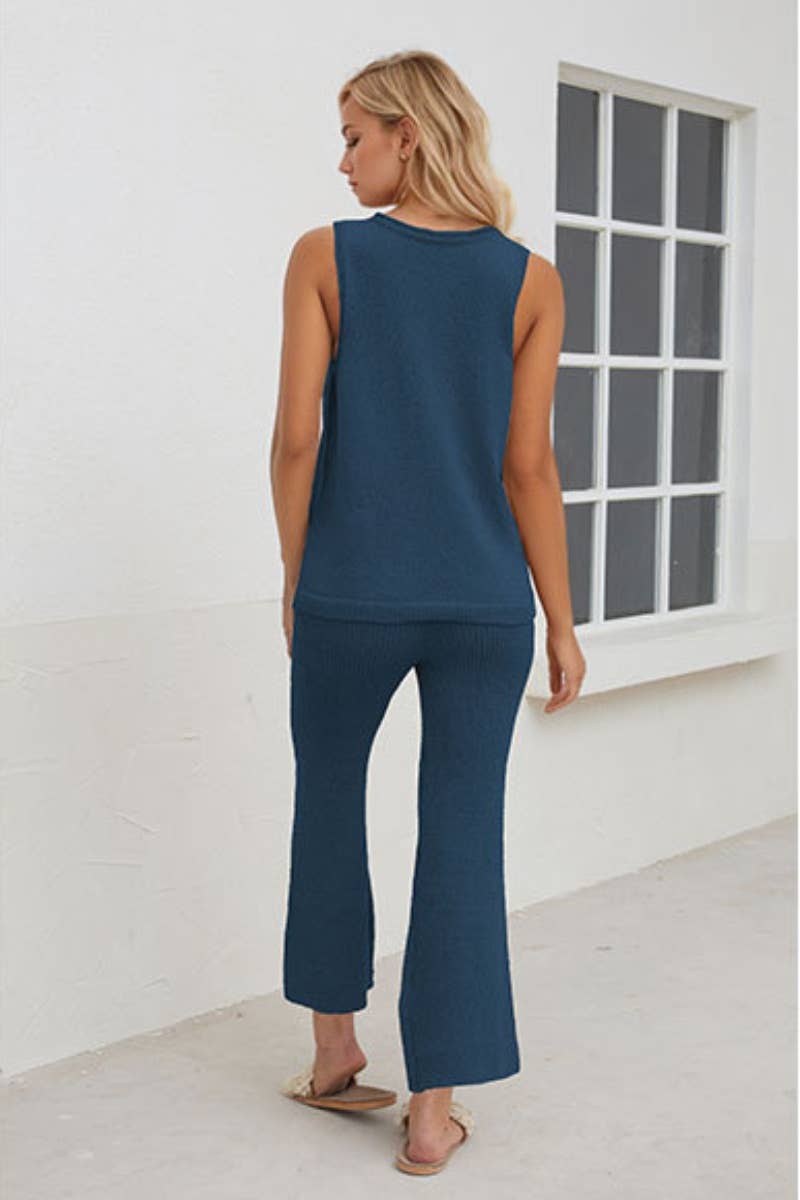 CWSS0632_SUMMER KNIT CASUAL SLEEVELESS TOP PANTS SUIT