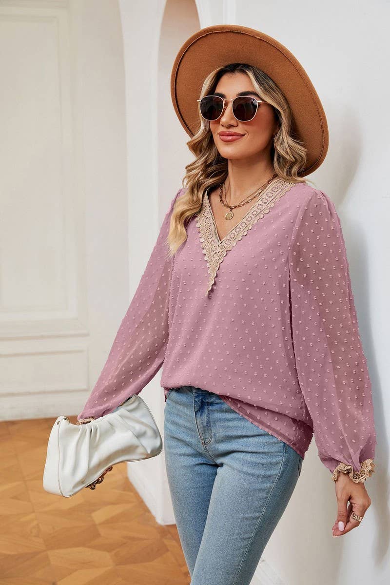 CWTBLL2386_JACQUARD V-NECK LONG-SLEEVED CHIFFON SHIRT TOP