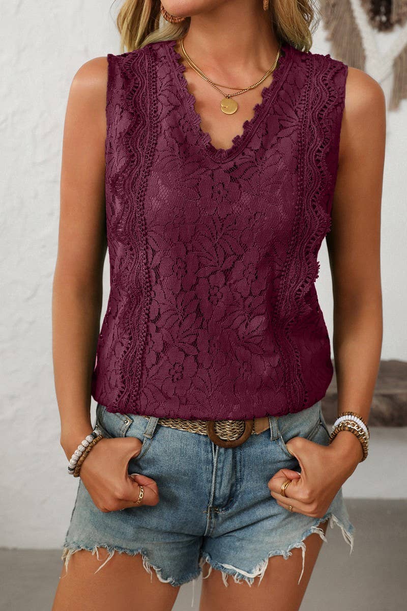 CWTBLSL0672_V-NECK LACE SLEEVELESS VEST TOP