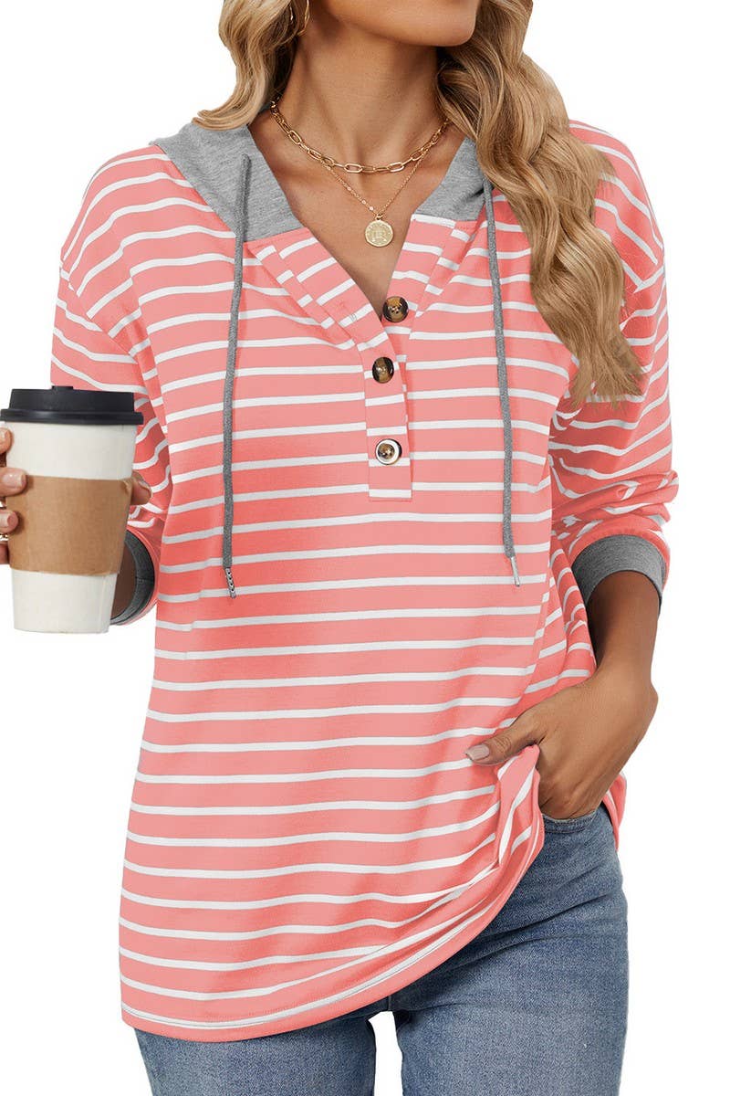 CWOHOL0719_HOODED BUTTON DRAWSTRING LONG SLEEVE SWEATSHIRT