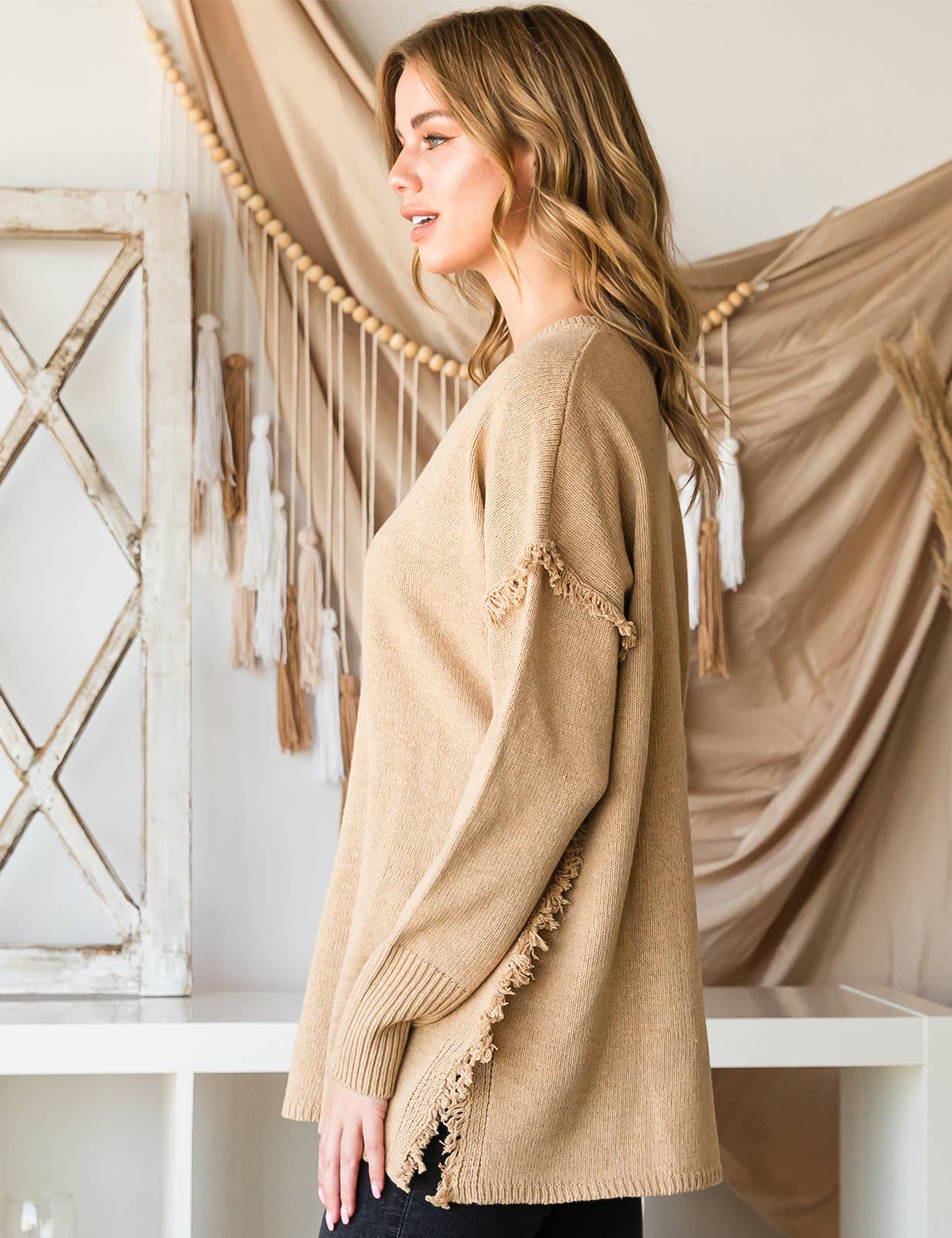 CWOSWL1832_BUTTON DOWN FRINGE SHOULDER SWEATER KNIT TOP