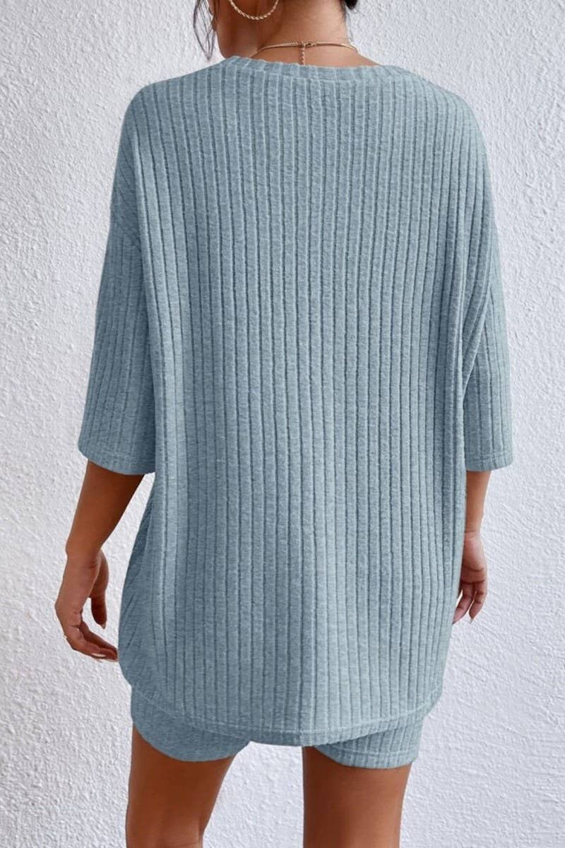 CWSTB1361_SOLID COLOR ROUND NECK LOOSE TOP AND SHORTS SET