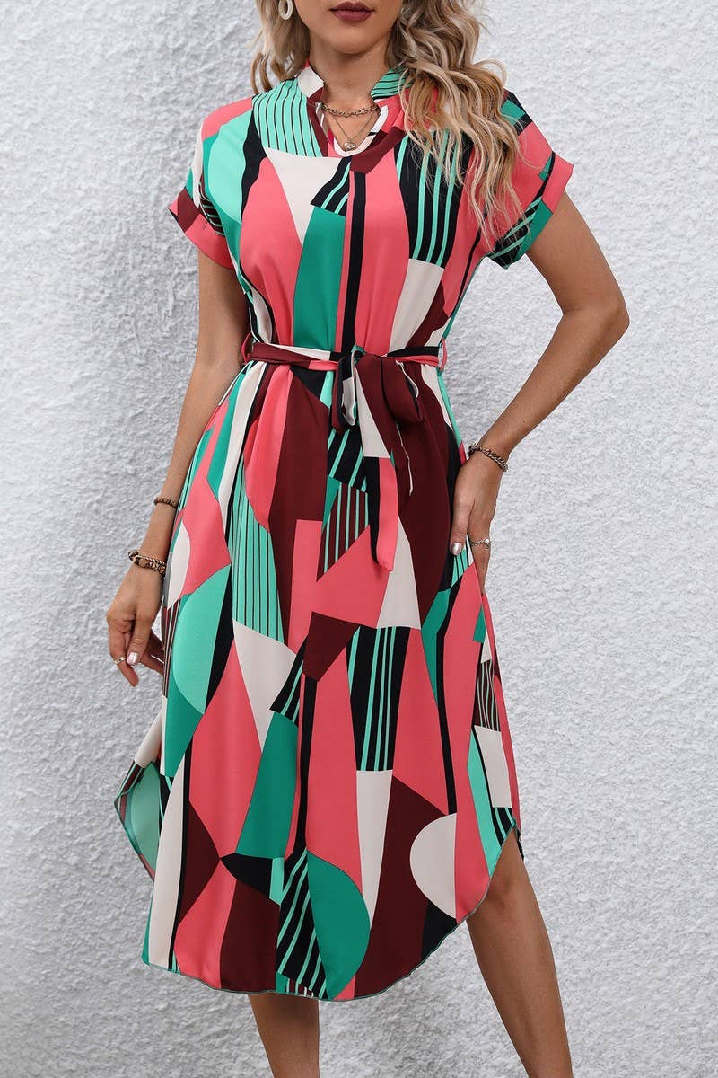 CWDSD7880_COLORBLOCK BELTED SHORT SLEEVE MIDI DRESS