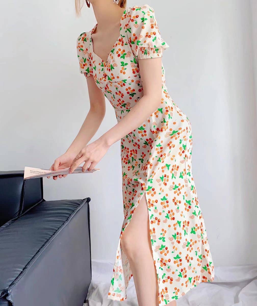 FRENCH CHERRY PRINT SHORT SLEEVE SPLIT DRESS
