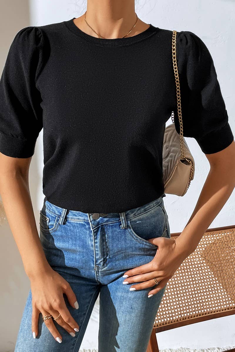 CWTTS0731_Crew Neck Puff Short Slv Soft Pullover Sweater