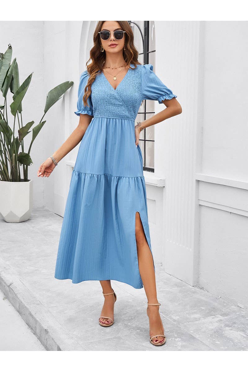 CWDMD2403_V-Neck Smocking Short Sleeve Split Midi Dress